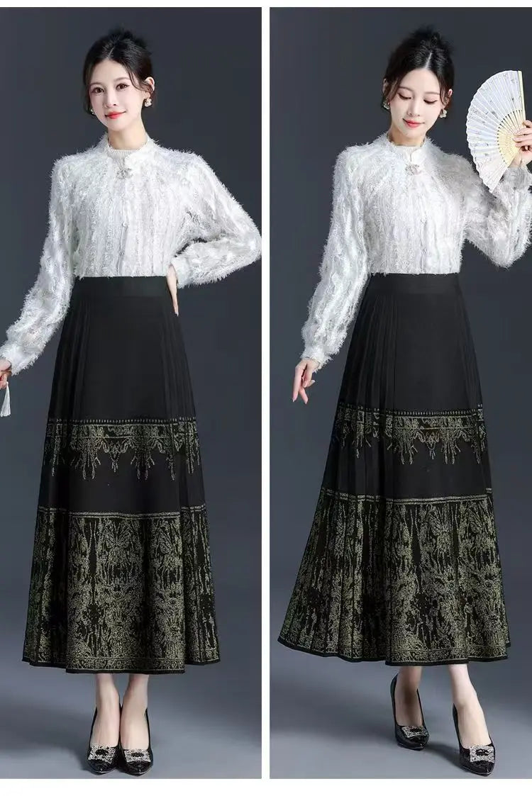 FairyShely Pleated Knitted Skirt For Women 2025 Autumn Winter Warm High Waist Long Skirts Ladies Plus Size Black A-line Skirt.