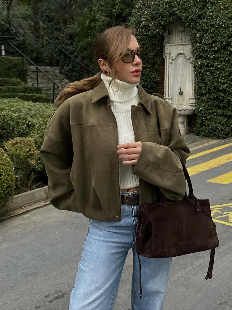 TRAFZA Damen-Jacke mit Wildleder-Textur, High Street, lange Ärmel, Umlegekragen, elastischer Reißverschluss, Knopfleiste, solider, trendiger Frühlingsmantel.