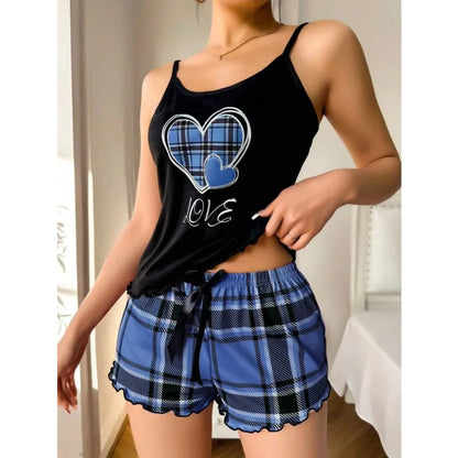 Frauen Sexy Hosenträger Shorts Dünne Pyjamas Brief Drucken Plaid Shorts Große Pyjamas Romantische Hause Tragen Sexy Nachtwäsche Kurze Pyjama.