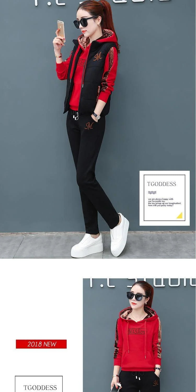 Women's Fashion Plush Thickened Sweat Suit 2025 Autumn Winter New Casual Hooded Tops Waistcoat Pants 3 Three Piece Set For Women.