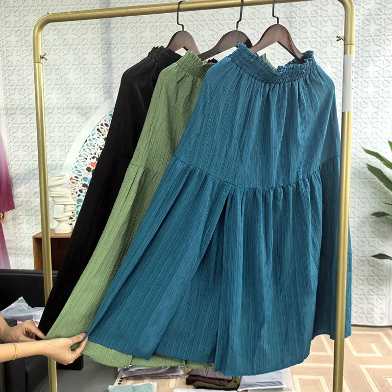 Fairyshely Casual Green Split Long Skirt Women 2025 Summer Ruffle High Waist Midi Skirt Lady Elegant Solid A line Pleated Skirt.