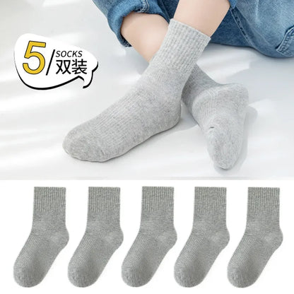 5 Pairs Pure Cotton Children Boy Socks Black White Grey Solid Color Unisex Breathable Sports School Socks Baby Girl Calf Socks
