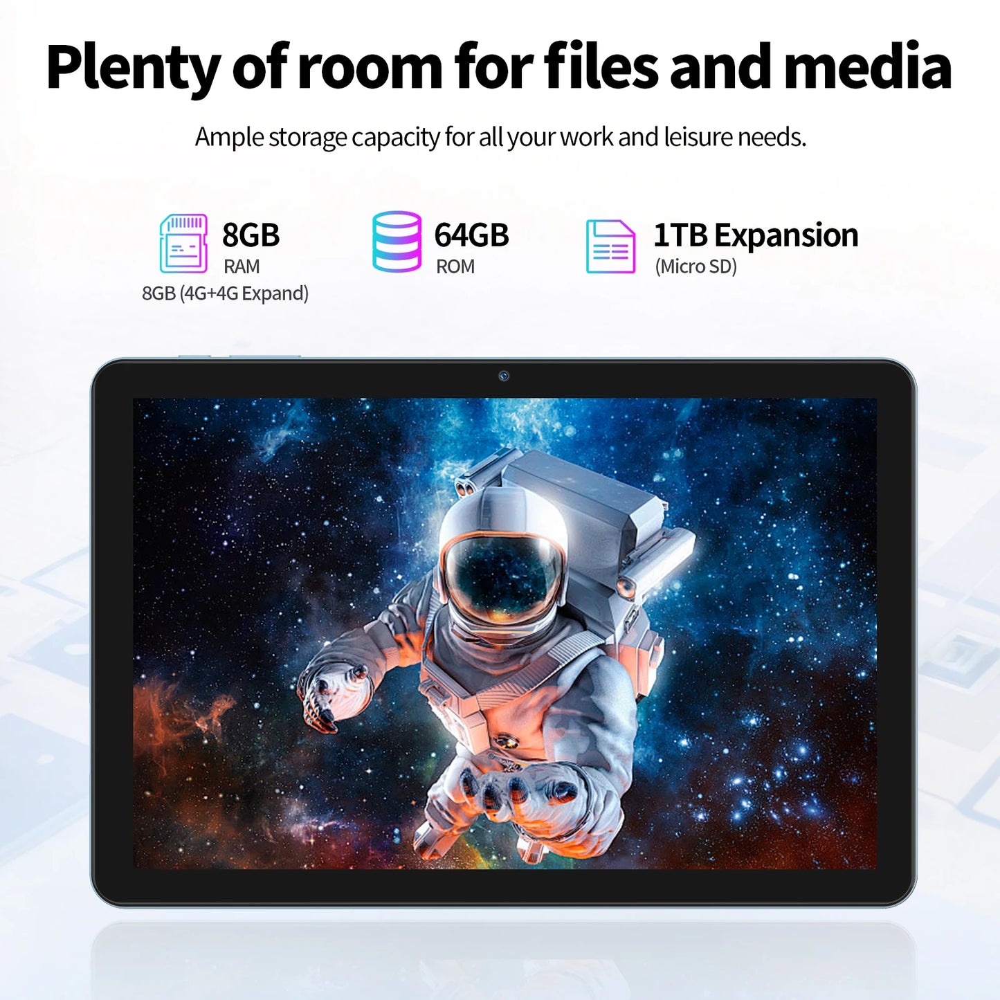 10.1" Android Tablet with Octa-core Processor 8GB(4+4GB Virtual) RAM 64GB ROM HD IPS Touchscreen, Wi-Fi 6, BT 5.0, Dual Camera.