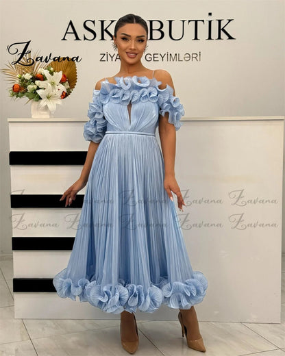 Zavana Stilvolles A-Linien-Abschlussballkleid, schulterfrei, mit Falten, Tüll, Tee-Länge, Saudi-Arabien, Festzug, formelles Partykleid, individuell gestaltet