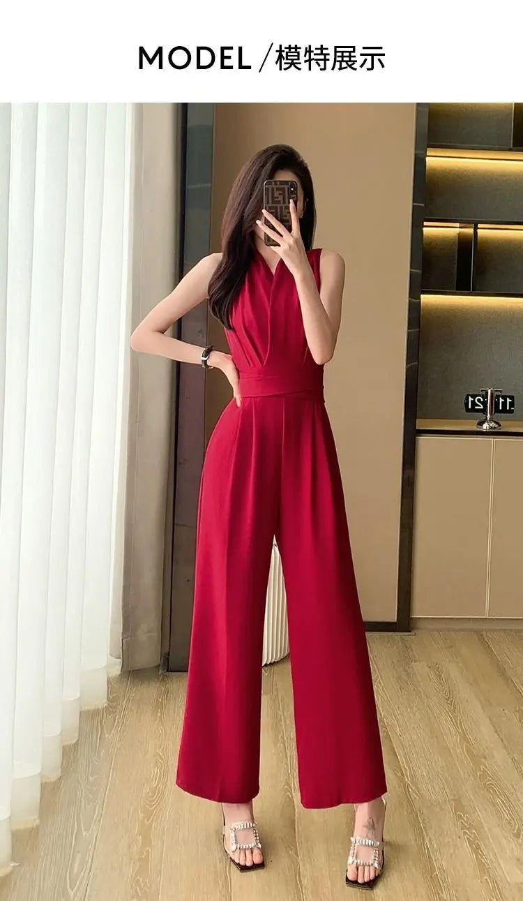 Women's Wide Leg Jumpsuit Pants 2025 Summer New Casual Straight Tube Sports Overalls V-neck Sleeveless Bodysuit For Women Romper.