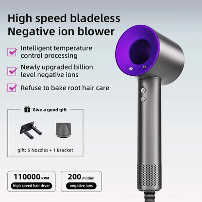 Negative ion hair dryer with high speed and no blades High power silent and quick drying Portable, suitable for home and travel.