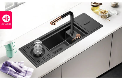 Nanometer Black Hidden Cup Rinser Bar kitchen Sink SUS 304 Stainless Steel Handmade Cup Washer Bar kitchen Sinks With Trash Can