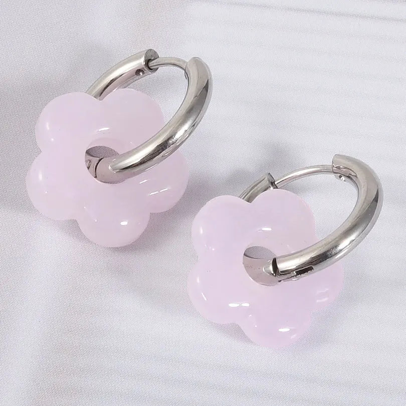 Colorful Flower Glass Drop Charms Earring Gold Color Circle Ear Buckle Hoops Stainless Steel Earrings Fashion Jewelry for Women.