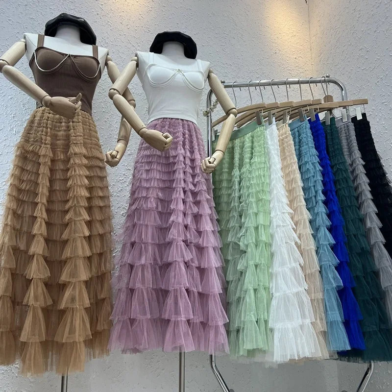 Chamliforve Women Tulle Mesh Skirt Elegant Elastic Waist Fairy Long A-line Tutu Skirt for Spring Summer Long Cake Skirt.