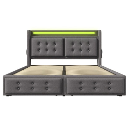 KOMHTOM Doppelbett Baumwolle - LED-Kopfteil, USB C Ladefunktion, 4 Schubladen, ohne Matratze