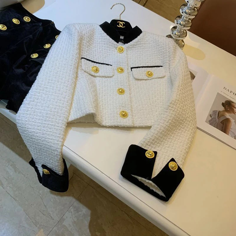 Mode Nähen Tweed Kurze Jacke Frauen Herbst Winter Elegante Büro Dame Mantel Y2K Koreanische O Neck Einreiher Crop Outwear.