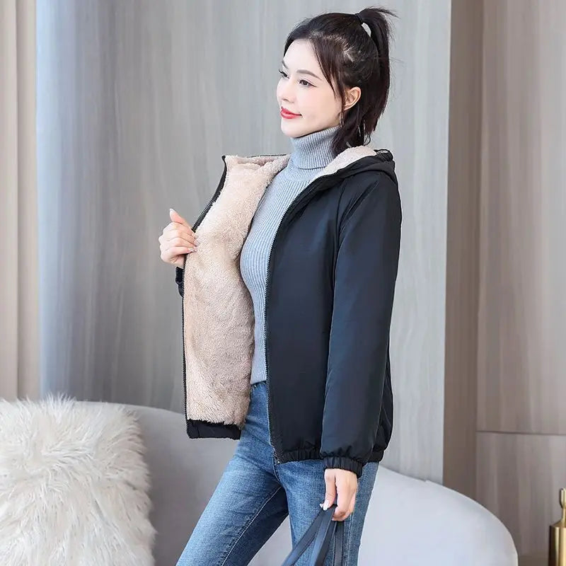 Women's Fleece Coat Winter Warm Thicken Solid Windbreaker Hooded Cotton Plush Hooded Jackets Casual Outdoor Windproof Jacket.
