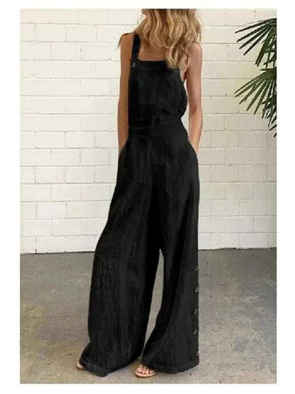 New 2021 Women's Solid Color Sleeveless Side Button Wide Leg Pocket Casual Jumpsuit Comfortable One-Piece Suiting Pants.