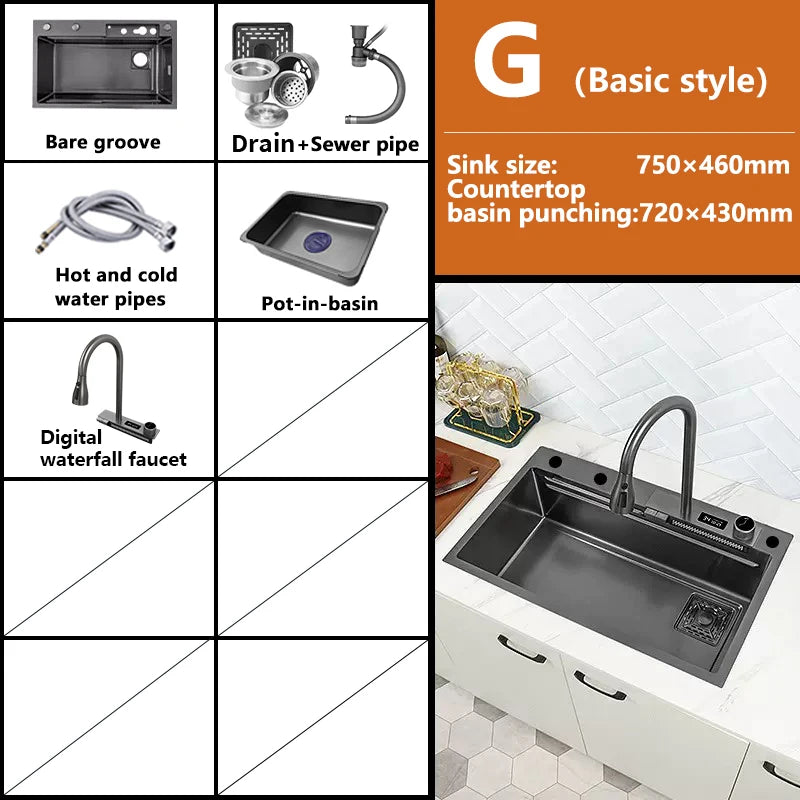 Waterfall Sink Kitchen Stainless Steel Topmount Sink Large Single Slot Wash Basin With Multifunction Touch Waterfall Faucet