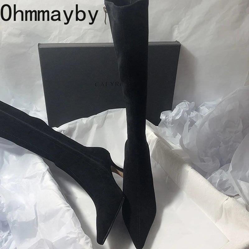 Women Stretch Modern Long Boots Fashion Pointed Toe Knee High Booties Designer High Heels Shoes.