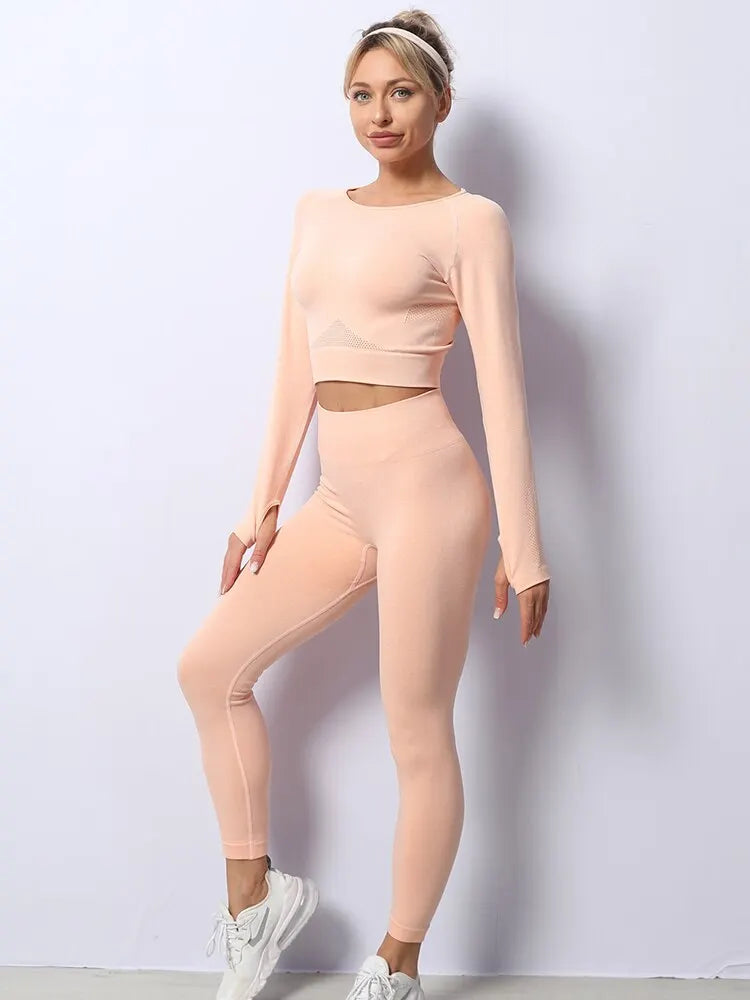 Women Yoga 2 Pieces Workout Outfits Seamless High Waist Leggings Sports Crop Top Running Clothes Sets