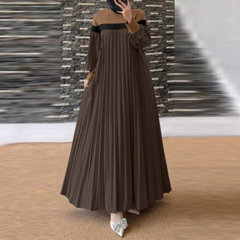 ZANZEA Autumn Women Muslim Dress Turkey Abaya Elegant Long Lantern Sleeve Patchwork Sundress Pleated Vestidos Islamic Dubai Robe