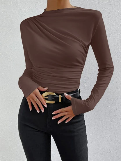 Fashion Solid Color Slim Fit T Shirt Women Trendy All-match Folds Long Sleeve T Shirts Ladies Tops Streetwear 2024 Spring New