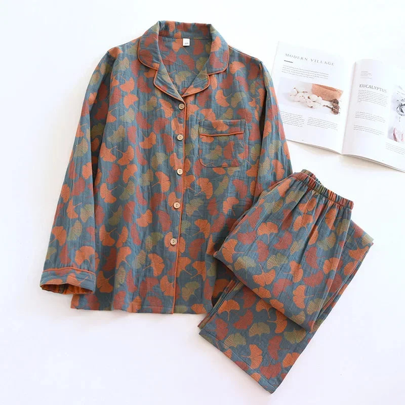 100% Cotton Crepe Homeclothes 2023 Autumn/Winter Women's Pajamas Suit Long-Sleeved Trousers 2-piece Yarn-Dyed Jacquard Pajamas