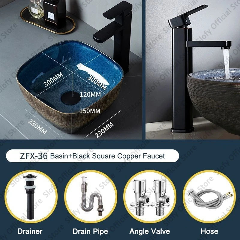 Vintage Elegant Countertop Washbasin Classic Blue Art Hotel Ceramic Basins Sink Multiple Styles Outdoor Balcony Bathroom Sinks