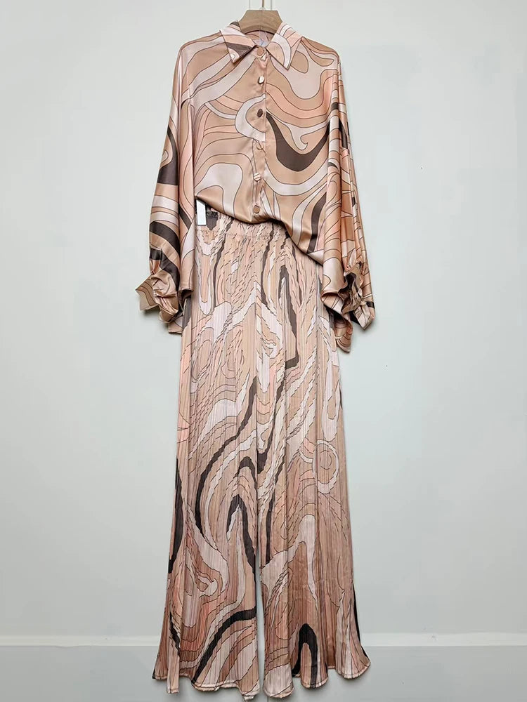 Designer's retro geometric print loose shirt two-piece set for Spring 2025 women's wear + pleated wide-leg pants fashion set.