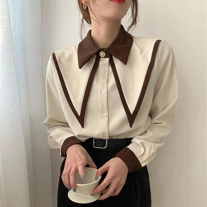 MEXZT Vintage Chiffon Shirts Women Elegant Patchwork Long Sleeve Blouses Office Lady Korean Black Turn Down Collar Casual Tops.