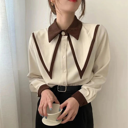 MEXZT Vintage Chiffon Shirts Women Elegant Patchwork Long Sleeve Blouses Office Lady Korean Black Turn Down Collar Casual Tops.
