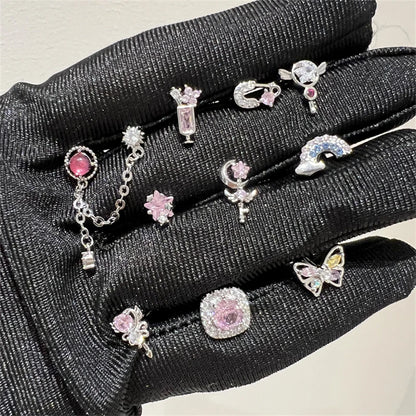 1PCS Cute Pink Zircon 316L Stainless Steel Ear Bone Nail New Fashion Y2K Punk Small Earring for Women Cochlea Jewelry Party Gift.