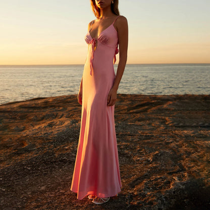 Combhasaki Damen-Kleid, elegant, einfarbig, verstellbar, dünn, Schultergurte, Ausschnitt, zum Binden vorne, rückenfrei, Sommer, langes Cami, seidiges Kleid.