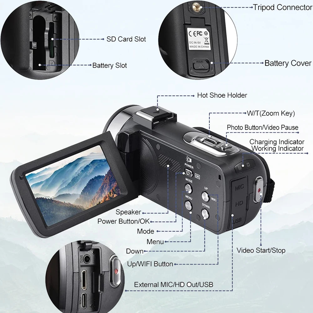 8K Digital Photography Camera 48MP Handheld DV 18X igital Zoom Camera Recorder 3'' LCD Touch Screen Portable Recording Camcorder.
