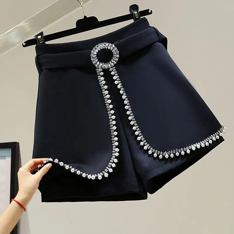 2025 Spring Summer New Simplicity Fashion Diamonds High Waist Shorts Women Clothes Fashion Patchwork Solid Color Wide Leg Pants.