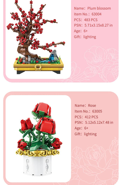 Small Bricks Flower Tree Building Block Kit DIY Home decoration Potted Plant Flower Botanical Construction Toy Girl Gift.