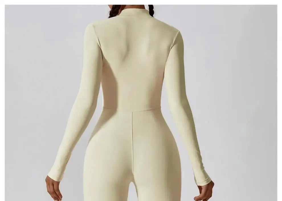 Fall New Style Long Sleeve Zipper Tight Butt Enhancing One Piece Fitness Pants Women Running Sports Training Yoga Black