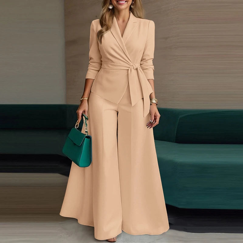 ZANZEA Elegant 2 Pieces Pant Sets Long Sleeve Belted Lightweight Blazer & Wide Leg Pant 2pcs Suits Office Lady Commuting Sets.