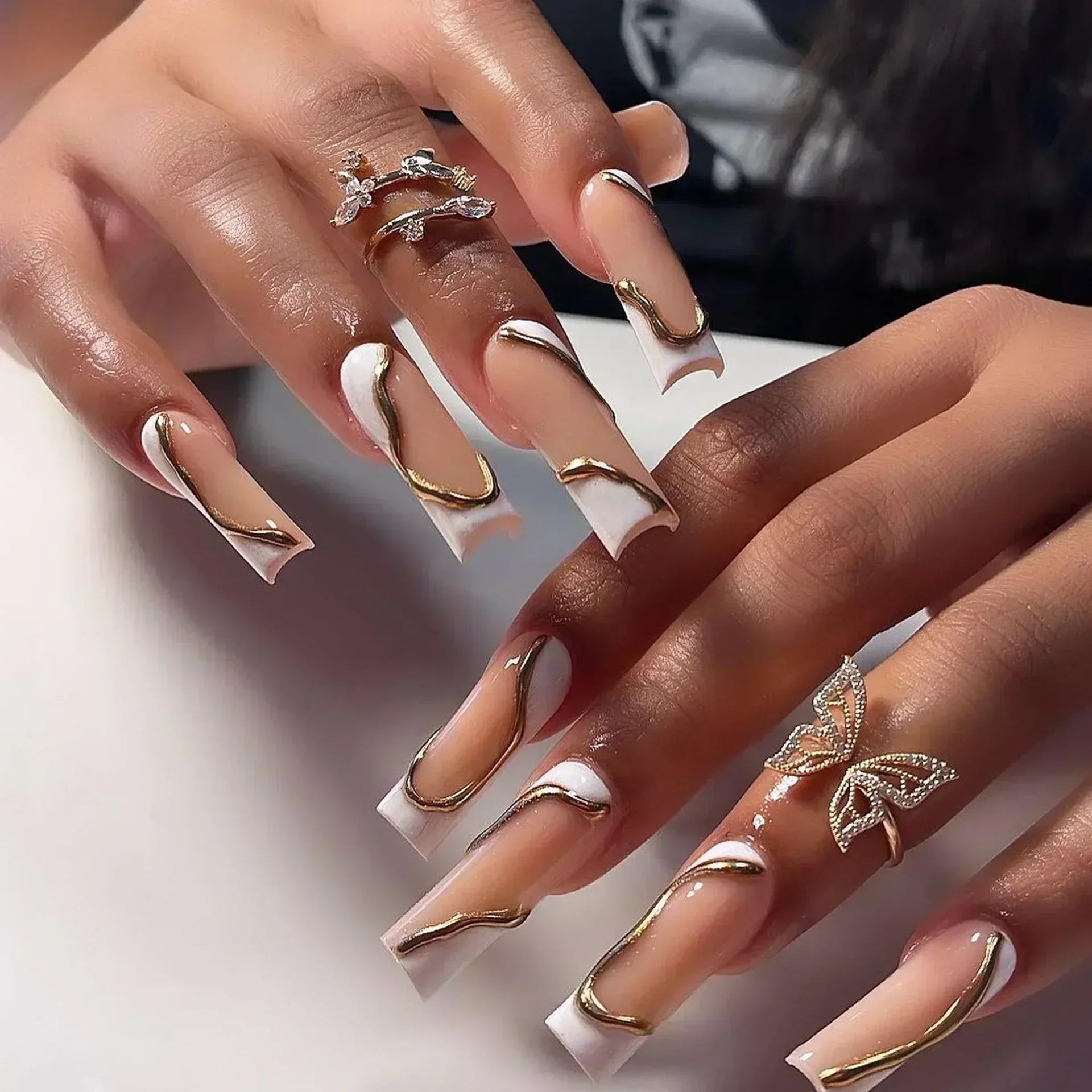 24Pcs 3D Long Ballet False Nails White Coffin Wave with French Design Wearable Fake Nails Gold Line Full Cover Press on Nails.