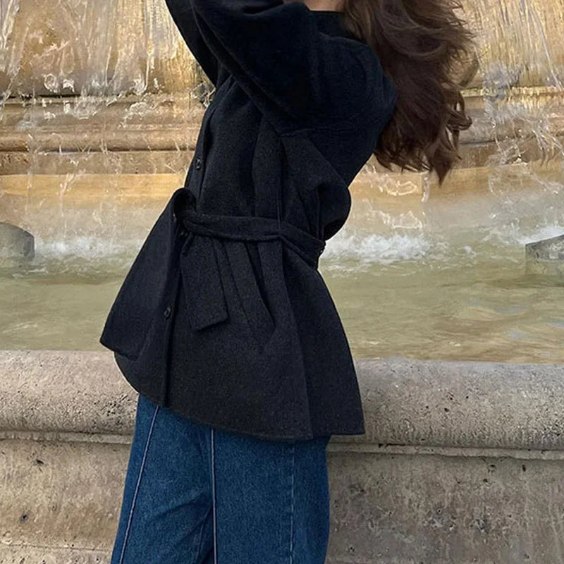 Winter warme Schnürung Damen mantel einfarbig Vintage Einreiher Mantel Mode Herbst Damen jacken neue Retro-Oberbekleidung.