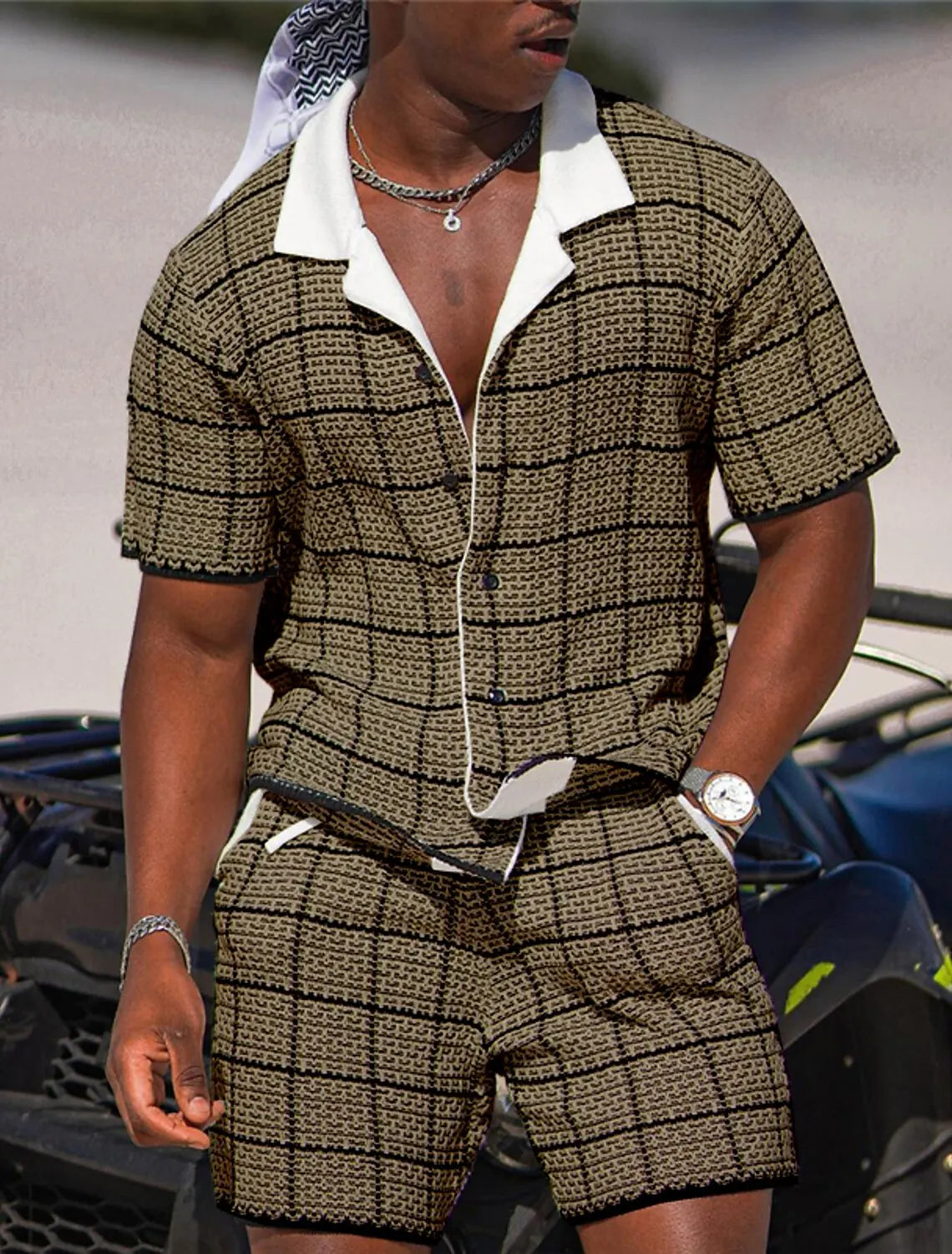 Men's Plaid Geometric Pattern Two-piece Shirt Hawaiian Short Sleeve Shirt Shorts Fashion Street Design Outdoor Nightclub Print.