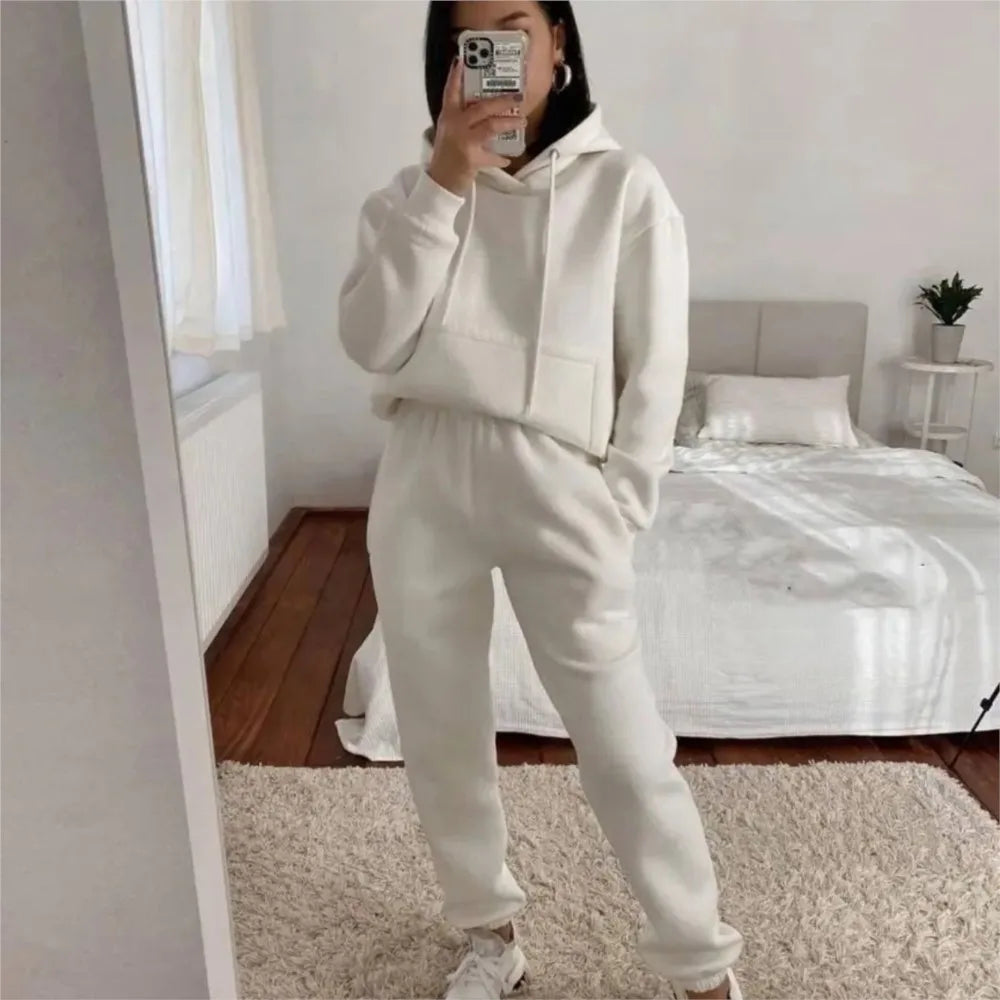 Women's Pocket Long-sleeved Hooded Sweatshirt Casual Set Autumn Winter New Solid Color Loose Sport Long Pants 2 Piece Set Female.