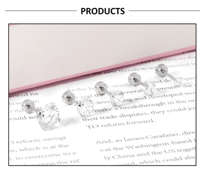 LUXUSTEEL 1Pairs/2Pcs Stainless Steel Crystal Studs Earrings For Women Men 4 Prong Tragus Round Clear Cubic Zirconia Ear Jewelry.