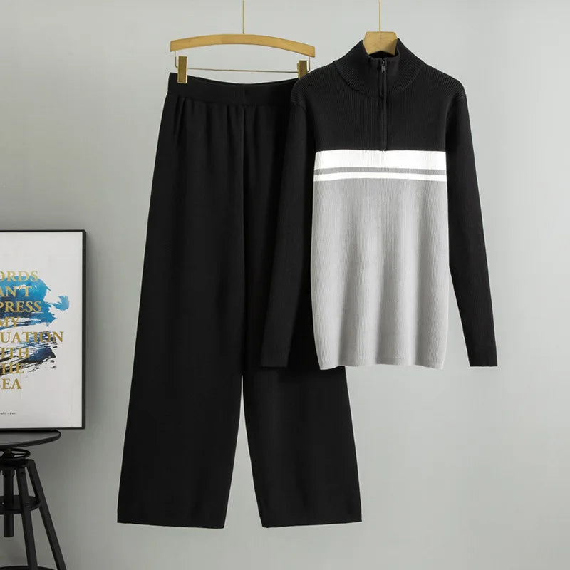 Muslim Knit Suit Women Two Piece Sets Pullover zipper high collar Sweater Knitted Wide Leg Pants Outfits Knitwear 2025 autumn.