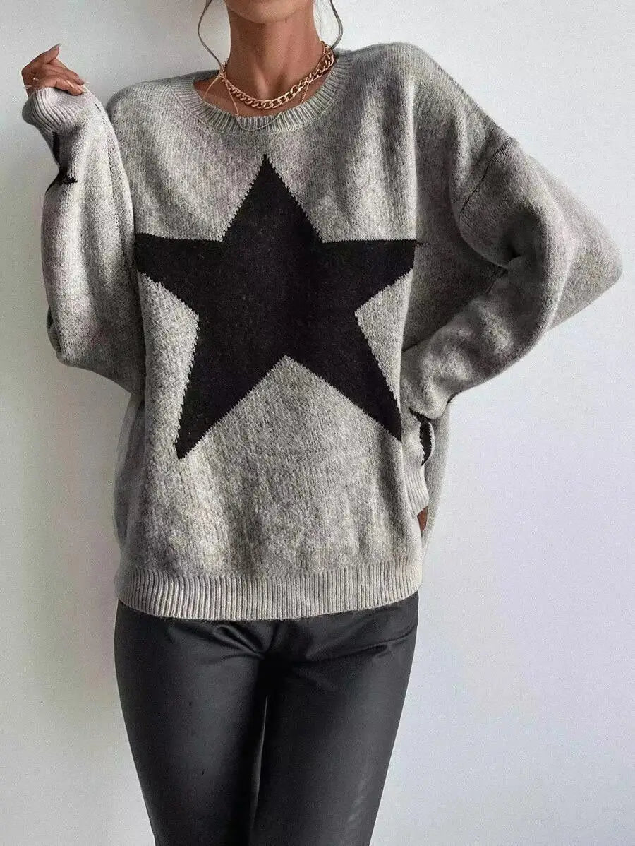 Stern Pullover Pullover Frauen Herbst Frühling Einfache Strick Elastische Pullover Jumper Casual Dicke Warme Schwarz Weiß Grundlegendes Jumper.
