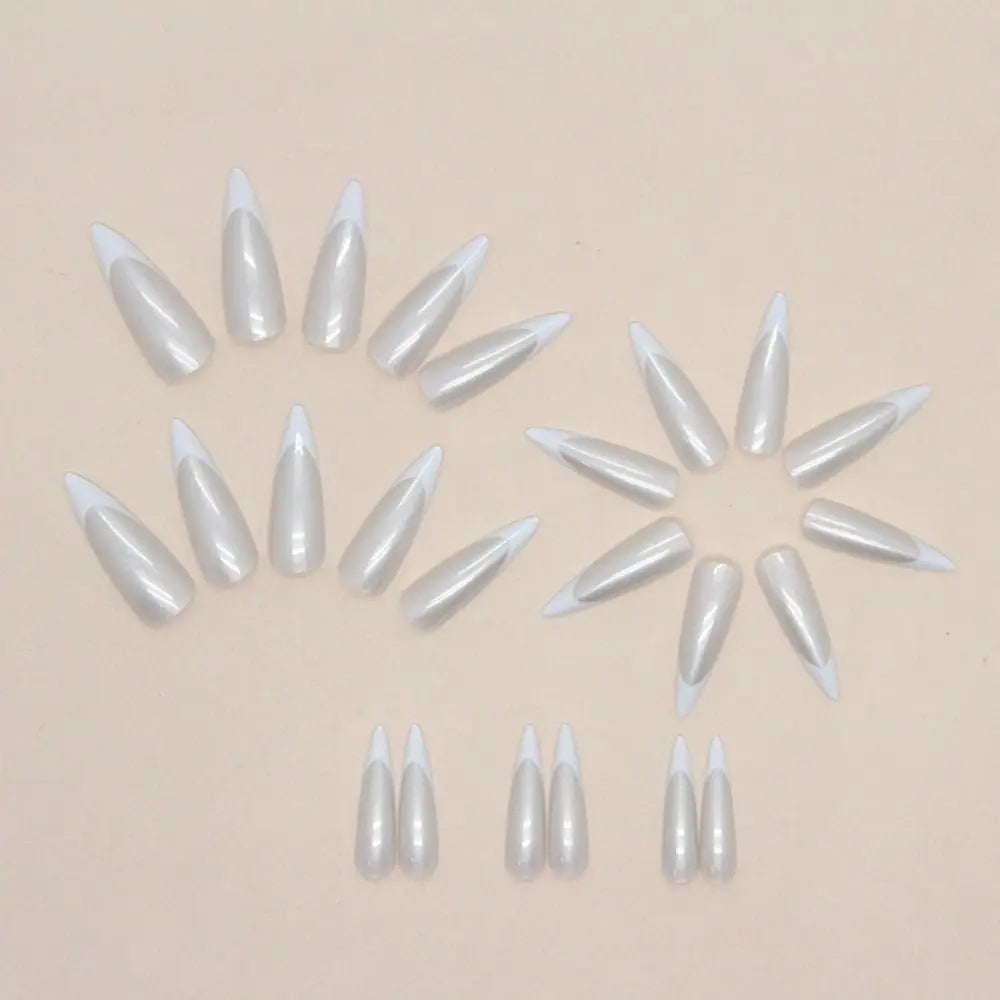 24pcs Long Stiletto French Fake Nails White Edge Simple Aurora False Nails Full Cover Press on Nails DIY Detachable Manicure.