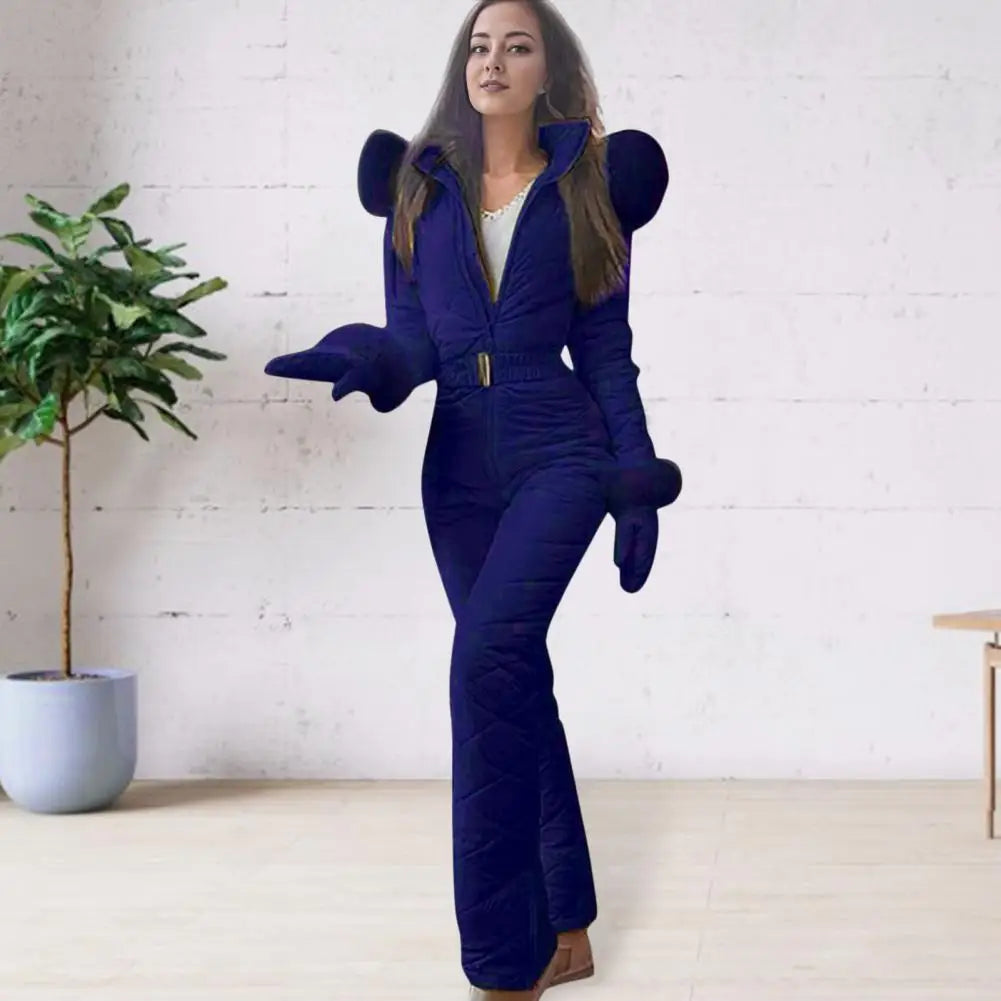 2025 Women Ski Jumpsuit Warm Snowsuit Winter Women's Snowsuit with Gloves Hood Windproof Ski Outfit with Elastic Waist Zipper fo.