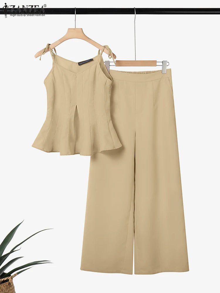 ZANZEA Women Stylish 2 Pieces Pant Sets Spaghetti Straps V-Neck Ruffled Camisole Tops & Wide Leg Pants 2pcs Suits Woman Outfits