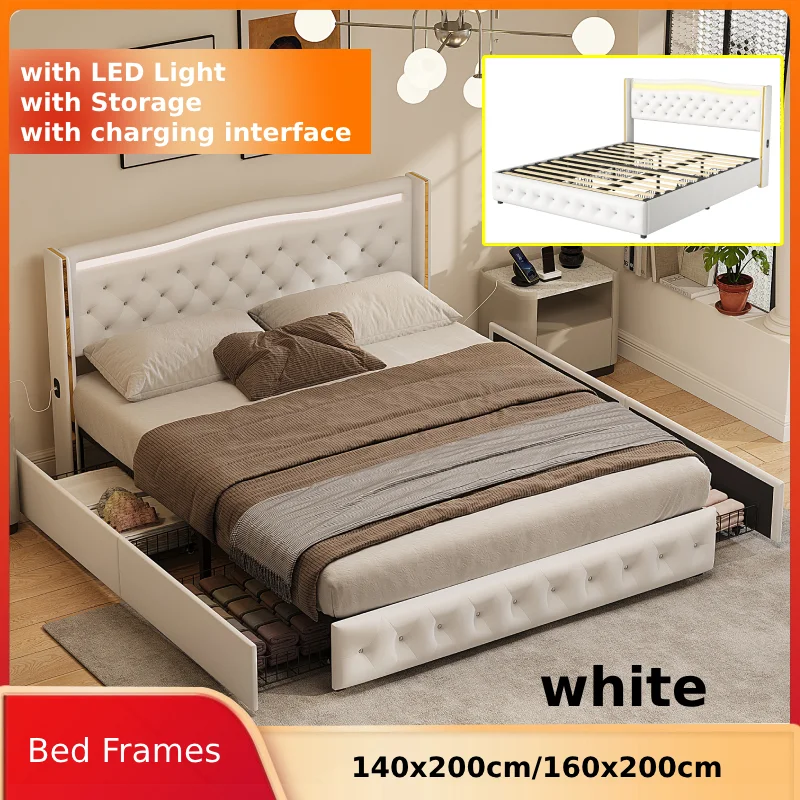 Anajqaqia gepolsterter Doppelbettrahmen 140 x 200 cm, 160 x 200 cm, mit Licht und Aufladung, weißes PU, ohne Matratze