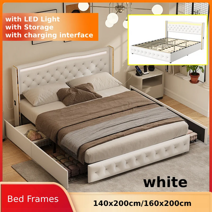 Anajqaqia gepolsterter Doppelbettrahmen 140 x 200 cm, 160 x 200 cm, mit Licht und Aufladung, weißes PU, ohne Matratze