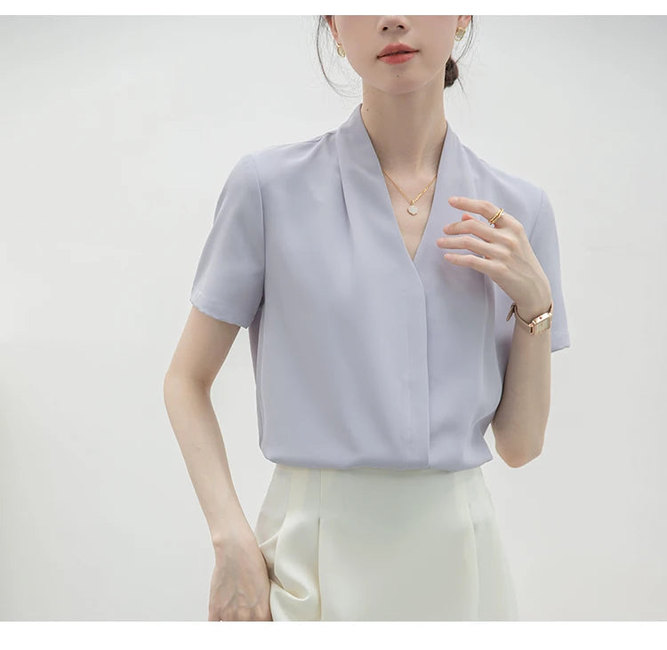 2025 Fashion Summer Short Sleeve V-Neck Women Blouse White Blouse Shirt Women Tops Blouses Shirts Blusas Para Mujer Camisas XL86.