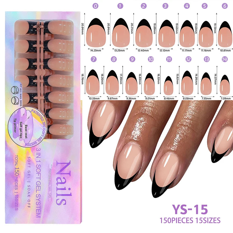150Pcs/Box Acrylic Press on Nails Full Cover Fake False Tips Soft Gel Extension T-shaped Oval Capsule Almond Sculpted Salon DIY