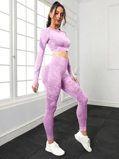 2 Piece Acid Wash Gym Set Women Seamless Long Sleeve Leggings Tracksuit Sports Fitness Suit Scrunch Workout Clothes Yoga Outfits