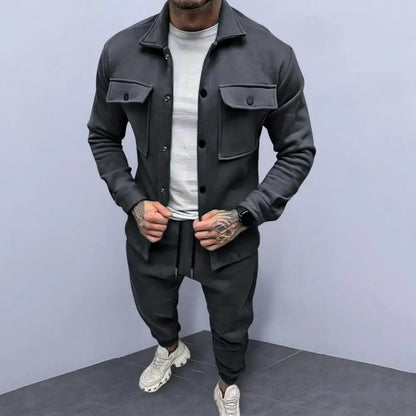 Men Two-piece Suit Set Winter Thick Warm Casual Suit Outfit Long Sleeve Coat Long Trousers Set Fashion Men's Activewear Outwear.